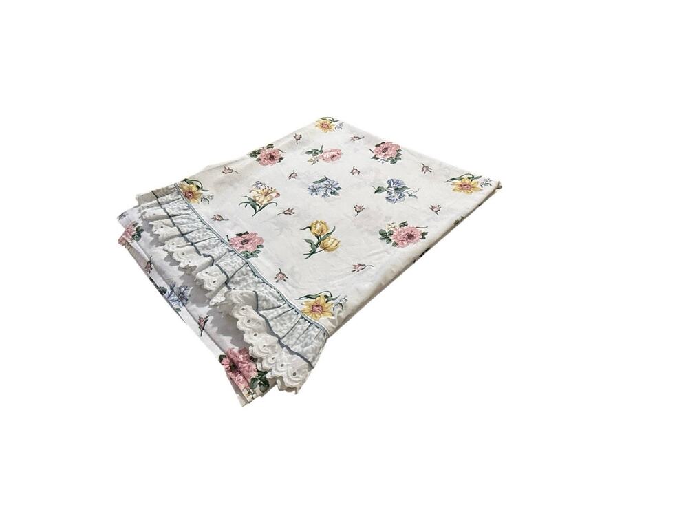 Vintage Cannon Floral Print Flat Sheet Queen Size No Iron Percale Ruffled Trim